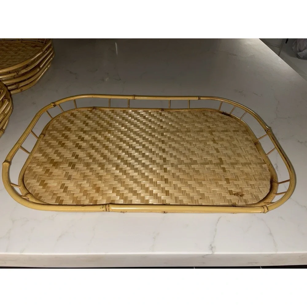 Vintage Mid Century Wicker Rattan Bamboo‎ Serving Trays Tiki Lap Stacking- 8
